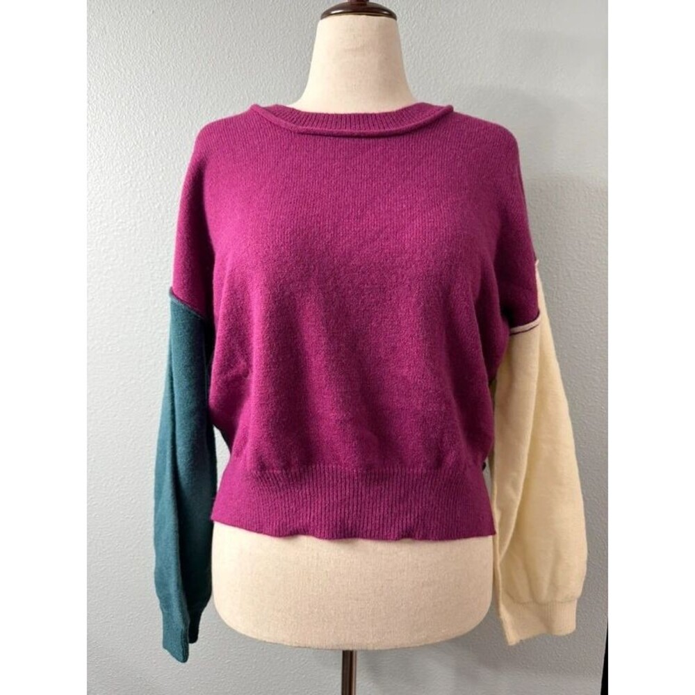 Timing Colorblock Oversized Knit Sweater Magenta Teal Cream, Oversized Small